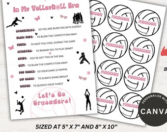 Könnte beinhalten: Druckbares Volleyball-Set mit editierbarem Text. Enthält eine Liste mit dem Titel "In My Volleyball Bra" mit motivierenden Sätzen und Namensschildern in Volleyballform. Größe: 12,7 cm x 17,8 cm und 20,3 cm x 25,4 cm.