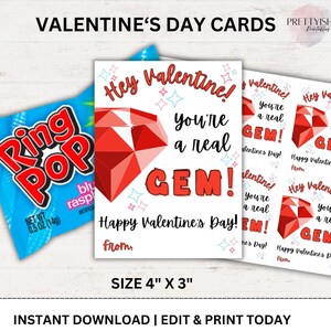 Ring Pop Valentine Tag, Gemstone Valentine Cards, Kids Valentine Cards, Printable Valentines, Classroom Valentines, School Valentine Gem Tag