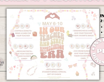May include: Pink and peach teacher appreciation flyer template with a heart design and the text "In Our Teacher and Staff Appreciation Era". The flyer includes a weekly schedule of activities for each day of the week, May 6-10. The flyer is available in two sizes: 8.5 x 11 inches and 11 x 17 inches. The flyer is an instant PDF download.