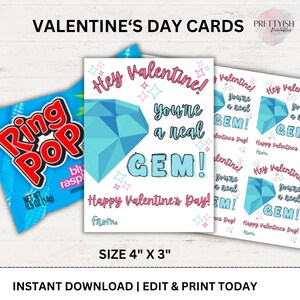 Ring Pop Valentine Tag, Gemstone Valentine Cards, Kids Valentine Cards, Printable Valentines, Classroom Valentines, School Valentine Gem Tag