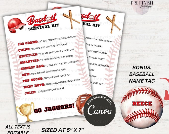 EDITABLE Baseball Survival Kit Printable, Gift Bag Printable, Printable ...