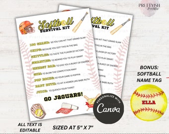 Kit di sopravvivenza per softball stampabile, sacchetto regalo stampabile, idea regalo stampabile per la squadra di softball, regali per le giocatrici di softball dall'allenatore, regalo sportivo