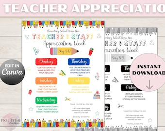 May include: Printable Teacher Appreciation Week schedule with colorful pencils and a red star. The schedule includes daily activities for students to show their appreciation for teachers and staff. The text reads "Teacher & Staff Appreciation Week" and "May 8-12".