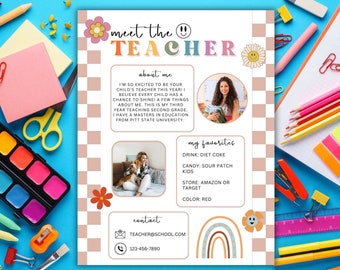 Modèle modifiable « Rencontrez l'enseignant » imprimable, modèle rétro « Rencontrez l'enseignant », formulaire pour la rentrée scolaire le soir, à propos de l'enseignant groovy