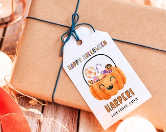 Etiquetas de truco o trato de Halloween imprimibles, etiqueta de favor editable, etiqueta de regalo personalizada, etiqueta de regalo de calabaza imprimible, plantilla Canva personalizada