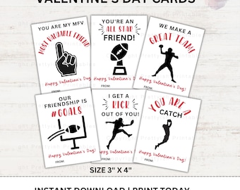 May include: Set of six printable Valentine's Day cards featuring football-themed puns. The cards are white with black and red text and illustrations. The text on the cards includes "You are my MFV (Most Valuable Friend)", "You're an All Star Friend!" , "We Make a Great Team!" , "Our Friendship is #Goals", "I Get a Kick Out of You!" and "You Are a Catch".