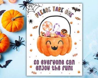 Please Take One Sign, Cute Halloween Candy Bowl Trick Or Treat Sign, Take a treat Sign, Halloween Printable, Trick or Treating Sign Take One