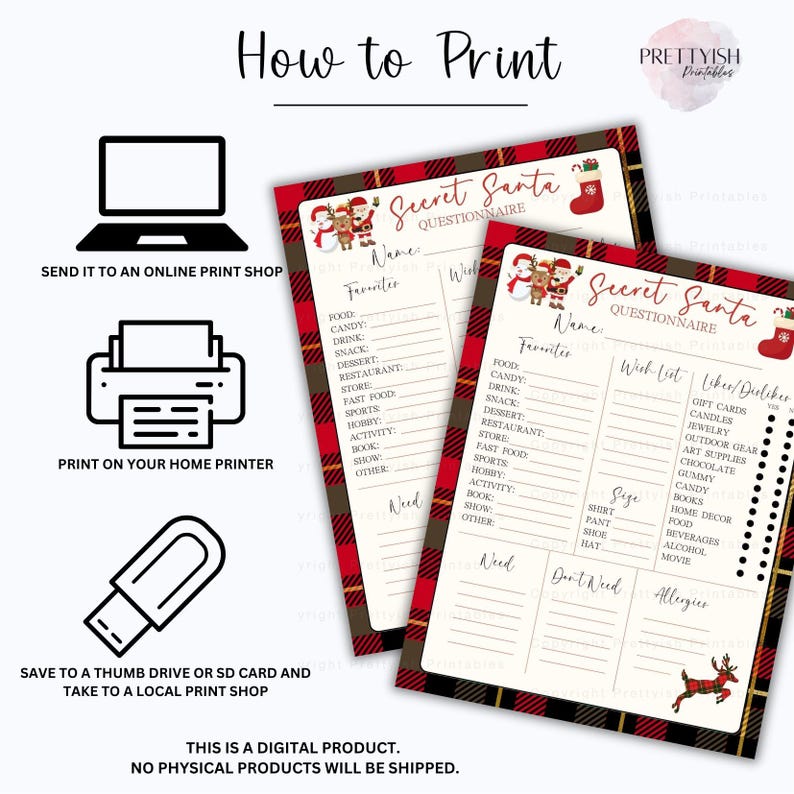 Editable Secret Santa Questionnaire Template Work, Office, Family Gift Exchange, Christmas ...