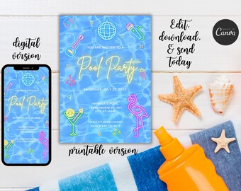 Pool Party Invitation, Pool Party, Digital Pool Party Invitation,  Pool Invite, Neon Pool Party, Summer Party Invite, Birthday Invite