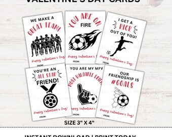 May include: Six printable Valentine's Day cards featuring a soccer theme. The cards are white with black and red text and images. The text on the cards includes "We make a great team!" "You are on fire!" "I get a kick out of you!" "You're an all star friend!" "You are my MFV (Most Valuable Friend)" and "Our friendship is #goals".