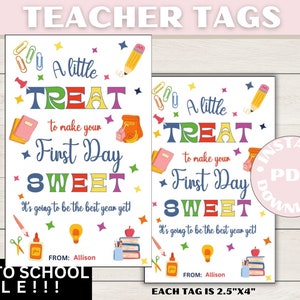 First day of school sweet treat tag, Welcome back to school gift bag tags, 1st day food favor student classroom kids tag, Teacher cookie tag