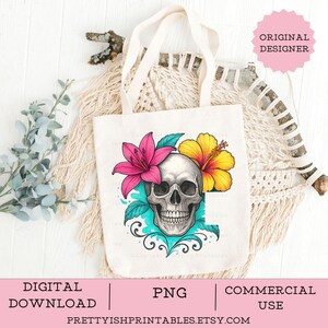 Blumen Schädel Sublimation Png, Blumen und Skelett Sublimation Clipart Digital Design, Tropischer Schädel Digital Download Datei, Summerween PNG