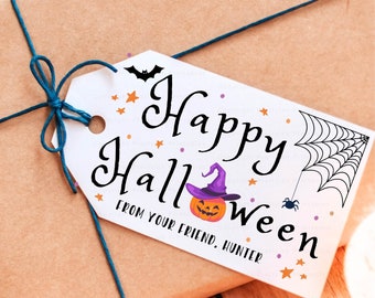 Etiquetas de truco o trato de Halloween imprimibles, etiqueta de favor editable, etiqueta de regalo personalizada, etiqueta de regalo de calabaza imprimible, plantilla Canva personalizada