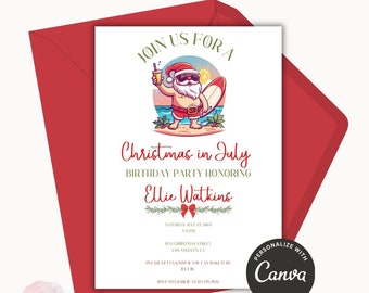 Christmas in July Invitation, Tropical Christmas in July Birthday Invite, Christmas Invitation Party Invitation Christmas in July, Santa