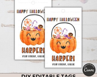 Etiquetas de truco o trato de Halloween imprimibles, etiqueta de favor editable, etiqueta de regalo personalizada, etiqueta de regalo de calabaza imprimible, plantilla Canva personalizada