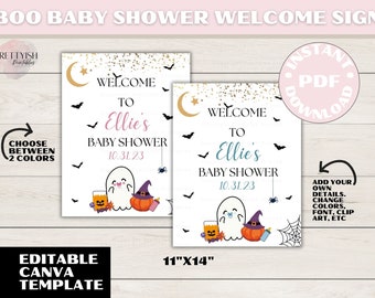A Little Boo is Due Baby Shower Panneau de bienvenue, invitation modifiable à la baby shower d’Halloween, invitation numérique à la baby shower fantôme d’Halloween pour garçon ou fille