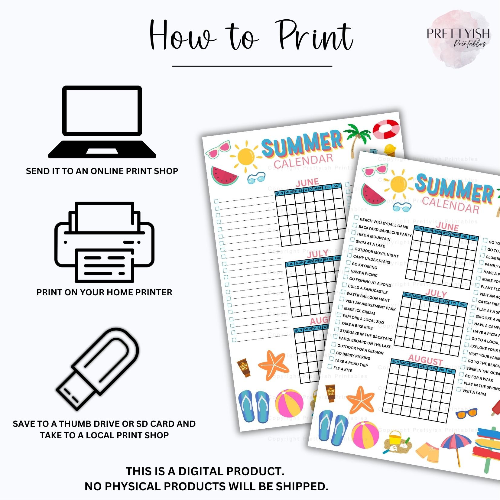 Printable Summer Calendar Poster, Summer Activities Calendar, Bucket ...