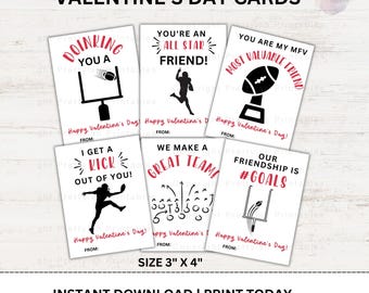 May include: Six printable Valentine's Day cards featuring football-themed designs. The cards are white with black and red text. The text on the cards includes phrases like "Doinring You A", "You're An All Star Friend!" and "Our Friendship Is #Goals".