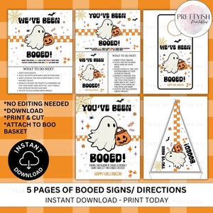 Puede incluir: Cinco p&aacute;ginas imprimibles para un juego de Halloween "Booed!" Las p&aacute;ginas presentan un fantasma sosteniendo un cubo de calabaza con dulces. El texto en las p&aacute;ginas incluye "We've Been Booed!" e instrucciones para jugar al juego.