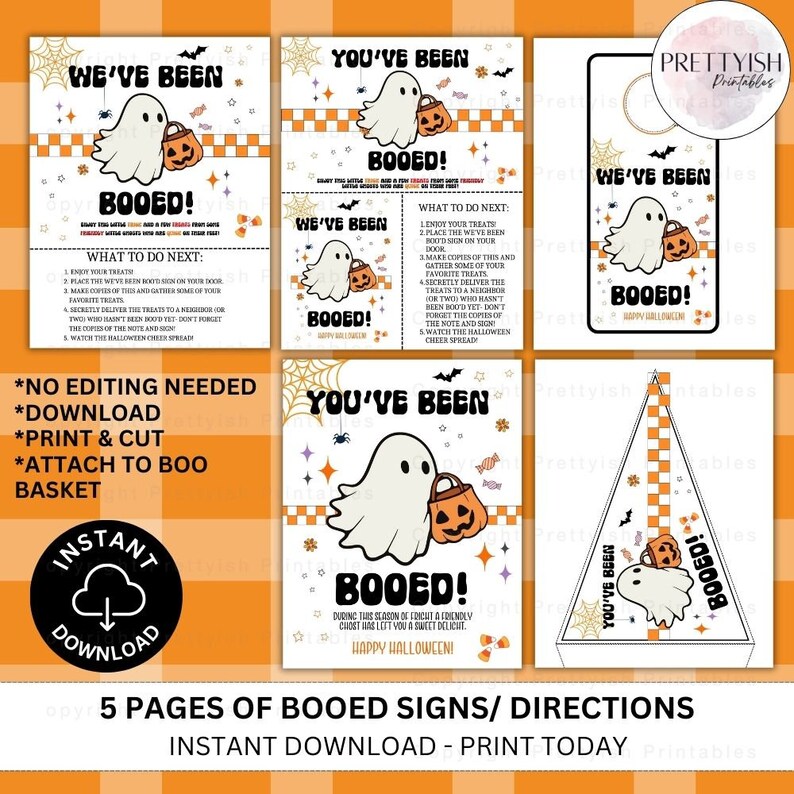 Puede incluir: Cinco p&aacute;ginas imprimibles para un juego de Halloween "Booed!" Las p&aacute;ginas presentan un fantasma sosteniendo un cubo de calabaza con dulces. El texto en las p&aacute;ginas incluye "We've Been Booed!" e instrucciones para jugar al juego.
