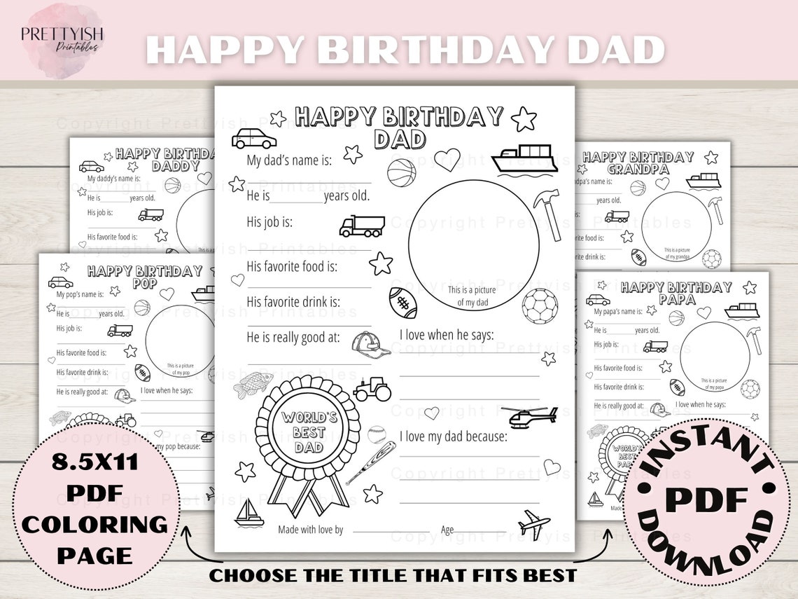 Happy Birthday Dad Printable, Fill in the Blanks, Coloring Sheet, Happy