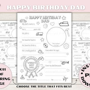 Happy Birthday Dad zum Ausdrucken, Füllen Sie die Lücken aus, Malseite, Happy Birthday Dad Malseite, Geburtstagskarte für Dad, Dad Geburtstagsgeschenk
