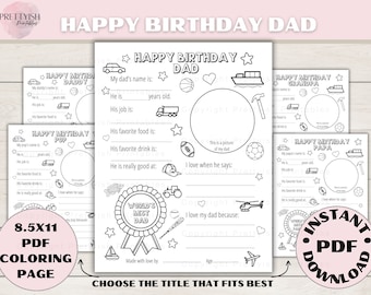 Joyeux anniversaire papa à imprimer, remplissez les cases vides, feuille à colorier, joyeux anniversaire papa à colorier, carte d'anniversaire pour papa, cadeau d'anniversaire pour papa