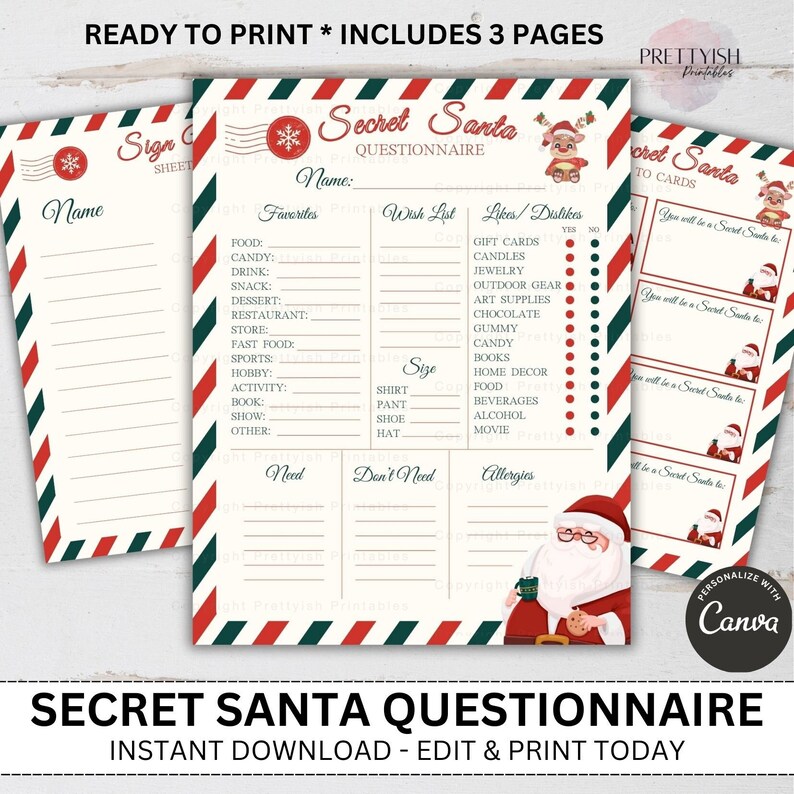Editable Secret Santa Questionnaire Template Work, Office, Family Gift ...