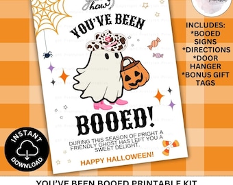Kit imprimible de Halloween "Te han abucheado", instrucciones para "Te han abucheado", colgador de puerta, etiquetas de regalo, banderín, descarga instantánea