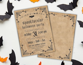 May include: Halloween party invitation with a vintage paper texture. The invitation reads "Spooktacular Halloween Party" with the date October 31st at 5:00 PM. Black bat cutouts and orange accents surround the invitation.