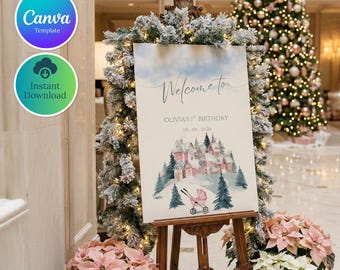 Pink Winter Onederland Welcome Sign, Girl 1st Birthday (Editable Canva Template)