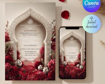 Elegant Nikkah Invitation Template | Islamic Wedding Invite | Editable Canva Card | Muslim Wedding Digital Download | Gold Arch Design