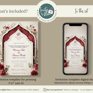Puede incluir: Plantilla de invitaci&oacute;n de boda con dise&ntilde;o de arco burdeos, detalles florales y los nombres Murtaza Talib & Fatema Haider. Incluye una versi&oacute;n para imprimir (12,7cm x 17,8cm y A5) y una versi&oacute;n digital.