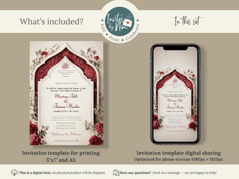 Puede incluir: Plantilla de invitaci&oacute;n de boda con dise&ntilde;o de arco burdeos, detalles florales y los nombres Murtaza Talib & Fatema Haider. Incluye una versi&oacute;n para imprimir (12,7cm x 17,8cm y A5) y una versi&oacute;n digital.