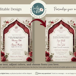 Puede incluir: Dos dise&ntilde;os de invitaci&oacute;n uno al lado del otro, con un dise&ntilde;o floral y arqueado adornado con detalles en borgo&ntilde;a. Las invitaciones tienen texto editable, con las palabras "Editable Design" y "Personalize your invite" en la parte superior.