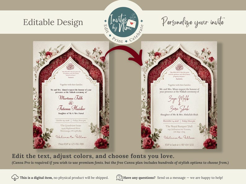 Puede incluir: Dos dise&ntilde;os de invitaci&oacute;n uno al lado del otro, con un dise&ntilde;o floral y arqueado adornado con detalles en borgo&ntilde;a. Las invitaciones tienen texto editable, con las palabras "Editable Design" y "Personalize your invite" en la parte superior.