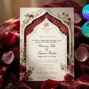 Puede incluir: Invitaci&oacute;n de boda con dise&ntilde;o floral. La invitaci&oacute;n presenta los nombres de Murtaza Talib y Fatema Haider, junto con los detalles del evento. El dise&ntilde;o incluye un arco decorativo y detalles florales en rojo y blanco.