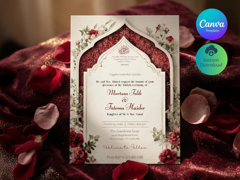 Puede incluir: Invitaci&oacute;n de boda con dise&ntilde;o floral. La invitaci&oacute;n presenta los nombres de Murtaza Talib y Fatema Haider, junto con los detalles del evento. El dise&ntilde;o incluye un arco decorativo y detalles florales en rojo y blanco.