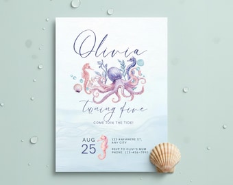 Under the Sea Birthday Invitation | Octopus Party, Editable Canva (Digital Download)