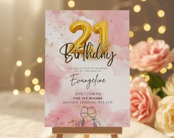 Elegant Pink & Gold 21st Birthday Invitation (Canva Template)