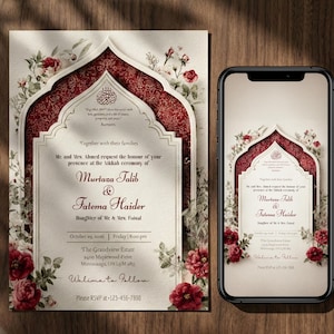 Puede incluir: Invitaci&oacute;n de boda y pantalla de tel&eacute;fono a juego. La invitaci&oacute;n presenta una combinaci&oacute;n de colores burdeos y crema con detalles florales. El texto incluye nombres, fecha, hora y lugar. La pantalla del tel&eacute;fono refleja el dise&ntilde;o.
