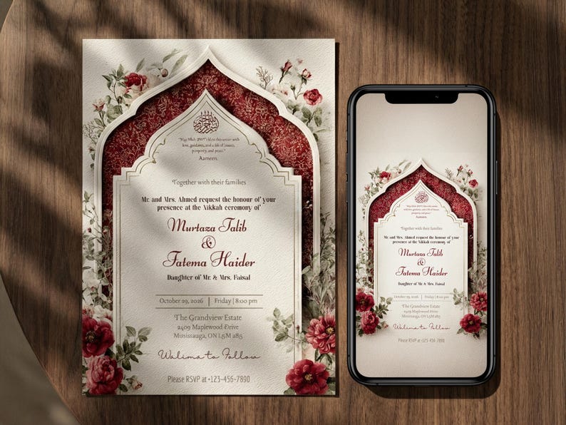 Puede incluir: Invitaci&oacute;n de boda y pantalla de tel&eacute;fono a juego. La invitaci&oacute;n presenta una combinaci&oacute;n de colores burdeos y crema con detalles florales. El texto incluye nombres, fecha, hora y lugar. La pantalla del tel&eacute;fono refleja el dise&ntilde;o.