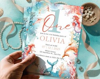Watercolor Mermaid 1st Birthday Invitation | Ocean Theme (Editable Canva Template)
