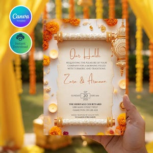 Haldi Invitation Template, Indian Wedding Invite, Hindu Wedding Haldi Ceremony, Canva editable Invite, Yellow Saffron Haldi Invitation