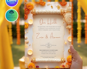 Haldi Invitation Template, Indian Wedding Invite, Hindu Wedding Haldi Ceremony, Canva editable Invite, Yellow Saffron Haldi Invitation