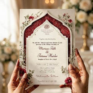 May include: A decorative wedding invitation with a cream backdrop, a burgundy arch design, and floral embellishments. The invitation includes the names Murtaza Talib and Tatema Haider, along with event details.