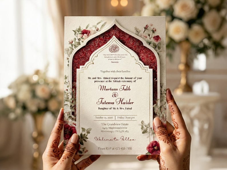 Puede incluir: Una invitaci&oacute;n de boda adornada con un fondo crema, un dise&ntilde;o de arco burdeos y detalles florales. La invitaci&oacute;n incluye los nombres Murtaza Talib y Tatema Haider, junto con los detalles del evento.