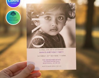 Editable First Birthday Invitation with Photo, Minimalist 1st Birthday Invite, Black and White Photo Invitation, Editable Canva Template