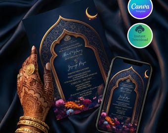 Invitación de boda islámica azul y dorada con arco de Bismillah (descarga digital editable en Canva)