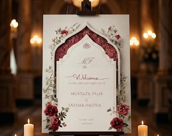 Editable Nikah Welcome Sign Template, Muslim Wedding welcome Sign, Maroon Islamic Marriage Decor, Burgundy Arch Bismillah Entrance Poster